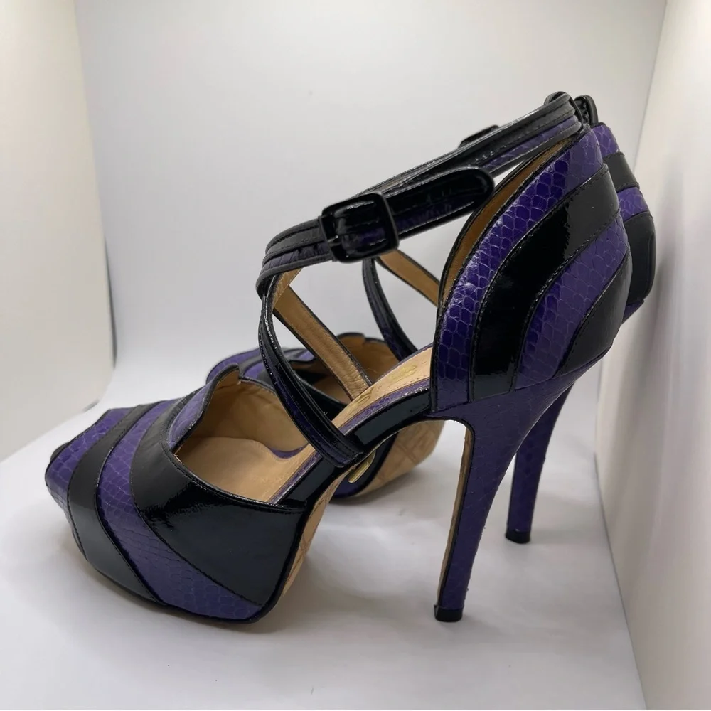 L.A.M.B. Women’s Black Purple Platform Leather Peep Toe Strappy Heels Size 6 - Picture 5 of 14